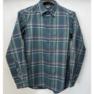 EXOFFICIO Mens Large Teal Plaid Long Sleeve Button Up Outdoor Travel Shirt